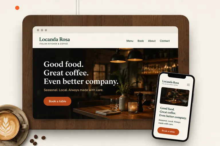 A restaurant website shown on a tablet and phone, displayed on a wooden table beside a coffee, headline 'Good food. Great coffee. Even better company.'