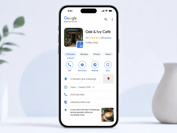 A phone showing a Google Business Profile listing for a local café, including its rating, opening hours, phone number and website link