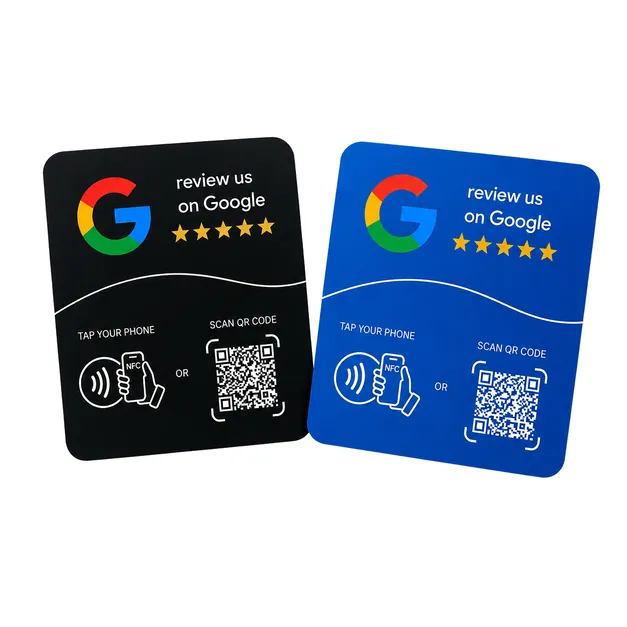 Two tap-to-review cards, one black and one blue, each reading 'Review us on Google' with an NFC tap icon and a QR code
