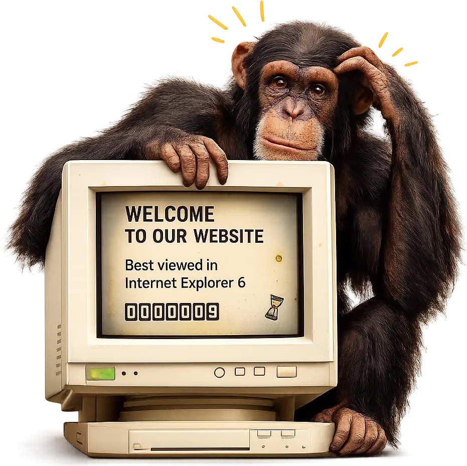 A confused chimpanzee scratching its head, leaning on an ancient CRT monitor displaying 'Welcome to our website, Best viewed in Internet Explorer 6' with a visitor counter stuck on 0000009