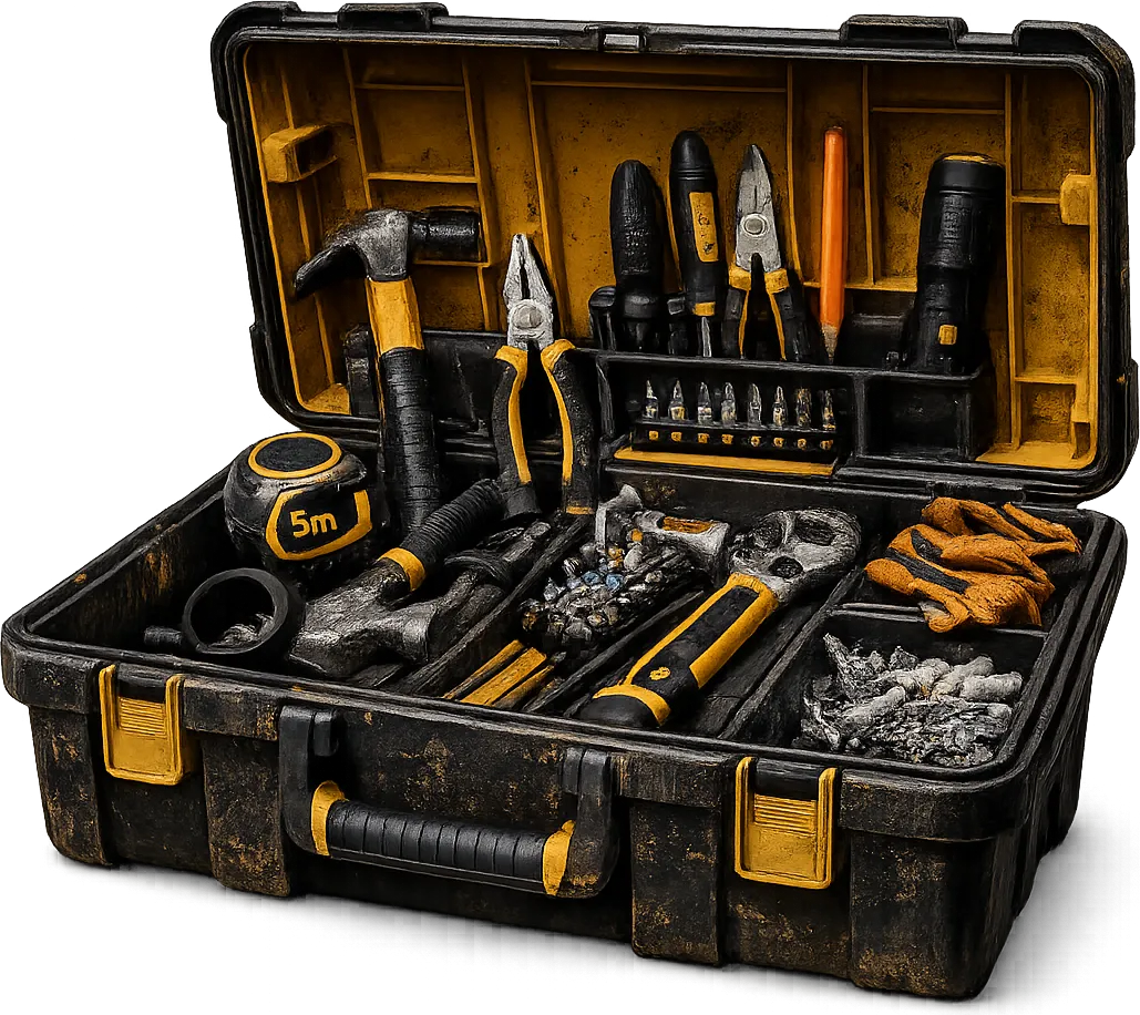 A well-worn tool case, packed and ready to go