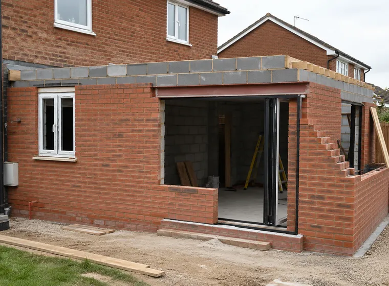 A house extension under construction, with brick walls up and bifold doors fitted