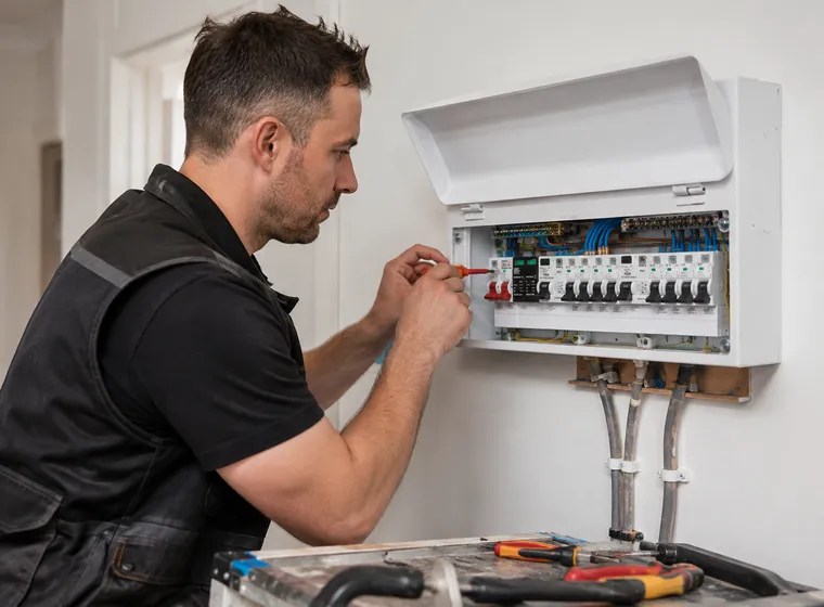 An electrician working on a consumer unit, testing a circuit with a screwdriver