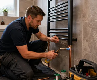 A plumber soldering a copper pipe joint on a bathroom heated towel rail
