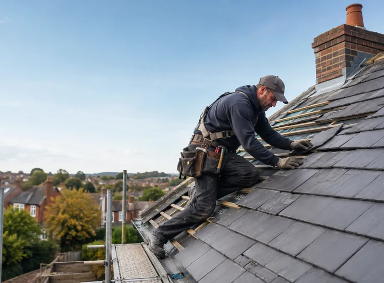 A roofer kneeling on a slate roof, fitting new roof tiles beside a chimney