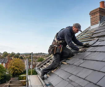 A roofer working on a slate roof, viewed from further along the ridge