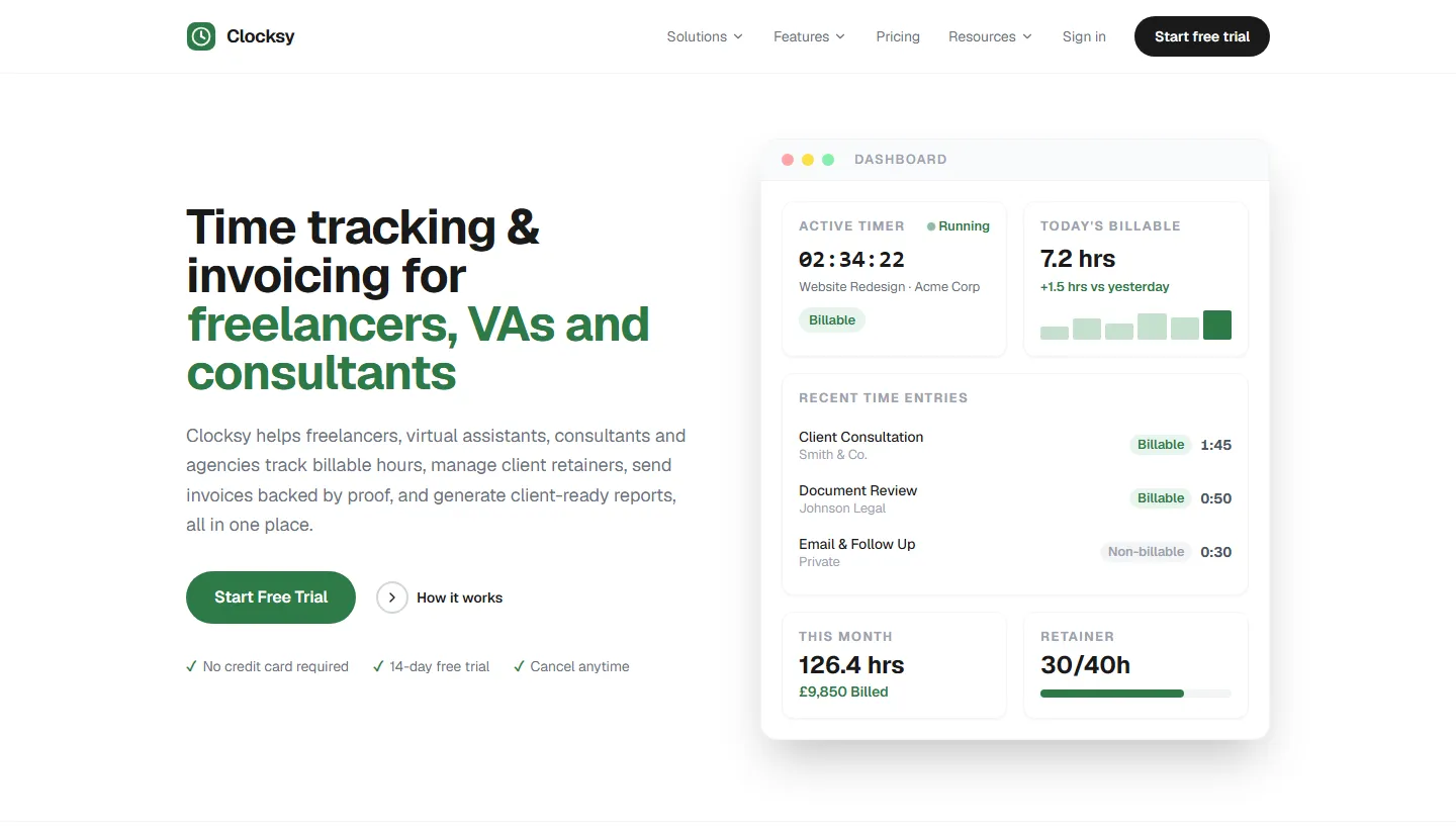 Clocksy homepage, a time tracking and invoicing tool for freelancers and consultants, showing the product dashboard