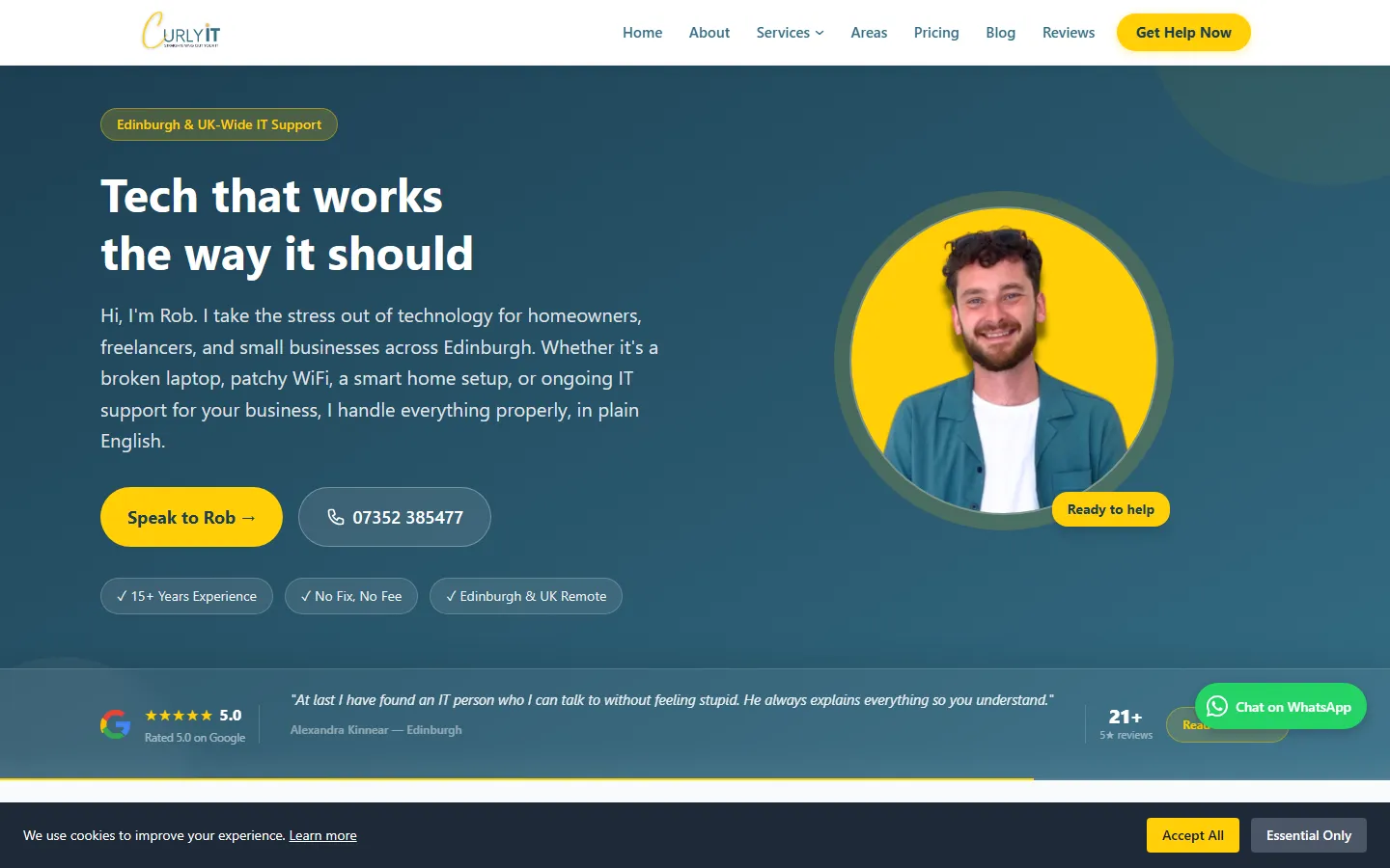Curly IT homepage, a solo IT support business's website with the headline 'Tech that works the way it should' and a photo of the founder